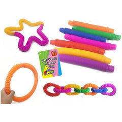 Popping Sound Stretch Tube ( Assorted Colours ) sensory fidget toy set with flexible, colorful tubes for calming and play.