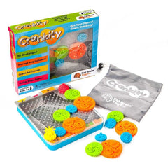 Crankity educational game with colorful plastic gears, metal board, and gray storage bag for brain-building challenges
