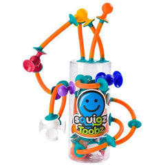 Bright colorful flexible sensory fidget toy pieces with suction cups in clear container labeled Squigz Toobz