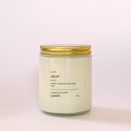 UBUD SINGLE WICKED SOY CANDLE (8oz / 226g) in glass jar with gold lid, helping families thrive with calming tools.