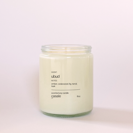 UBUD SINGLE WICKED SOY CANDLE (8oz / 226g) in glass jar with natural soy wax, helping families thrive with tools to calm connect and support