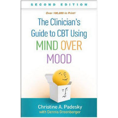 Book cover reading The Clinicians Guide to CBT Using Mind Over Mood with a yellow face in a box