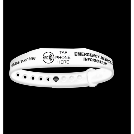 Smart NFC Emergency Medical Information Wristband ID with passive geolocation tracking system (White)