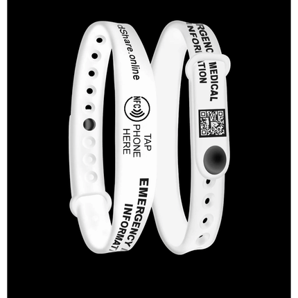 Smart NFC Emergency Medical Information Wristband ID with passive geolocation tracking system (White)