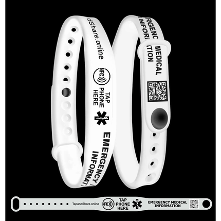 Smart NFC Emergency Medical Information Wristband ID with passive geolocation tracking system (White)