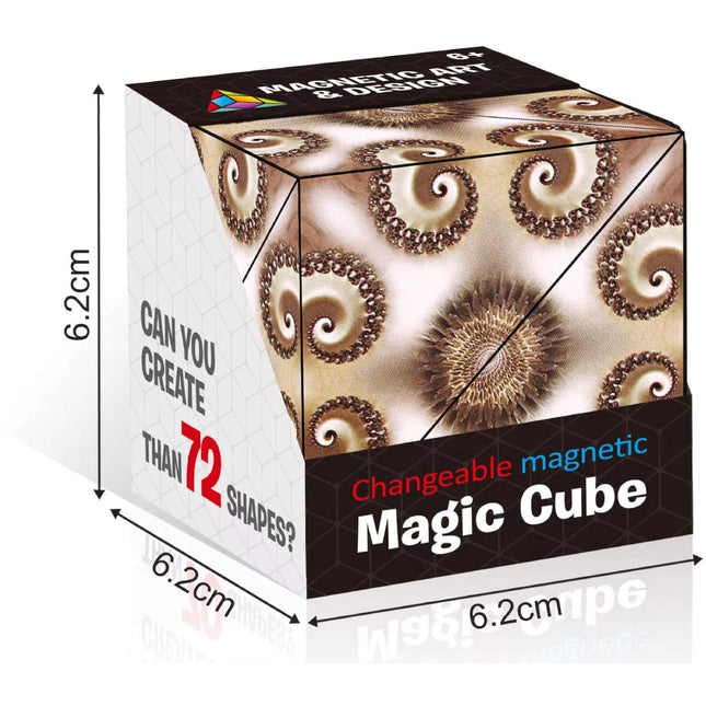 3D Changeable Magnetic Cube Geometric Puzzle packaging showing spiral design art with 6.2cm dimensions, sensory educational toy.