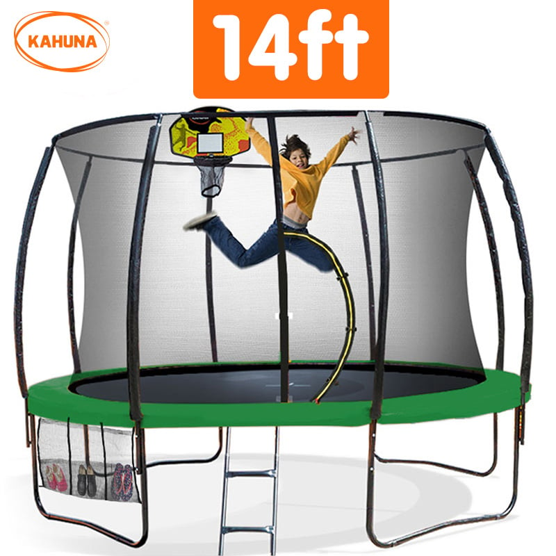 Kahuna 14ft Outdoor Trampoline Kids Children With Safety Enclosure Pad Mat Ladder Basketball Hoop Set - Green - Sensory Circle