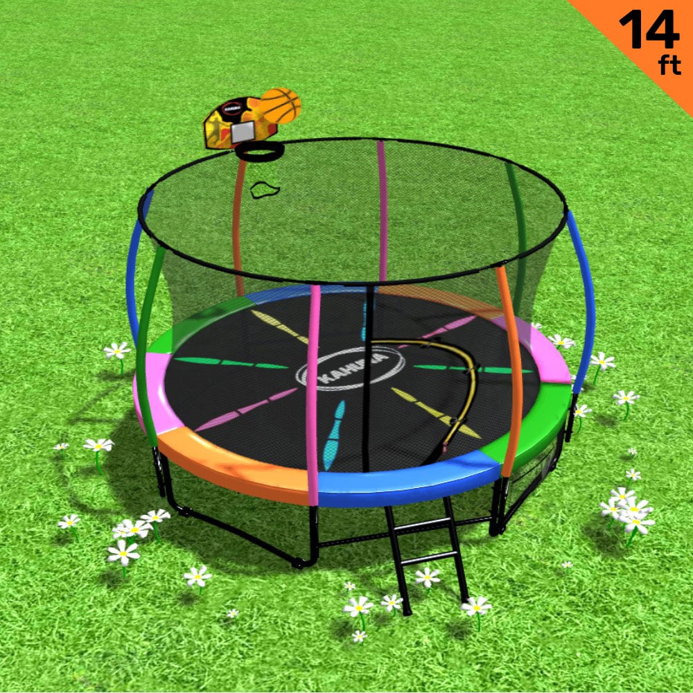 Kahuna 14ft Outdoor Trampoline Kids Children With Safety Enclosure Pad Mat Ladder Basketball Hoop Set - Rainbow - Sensory Circle