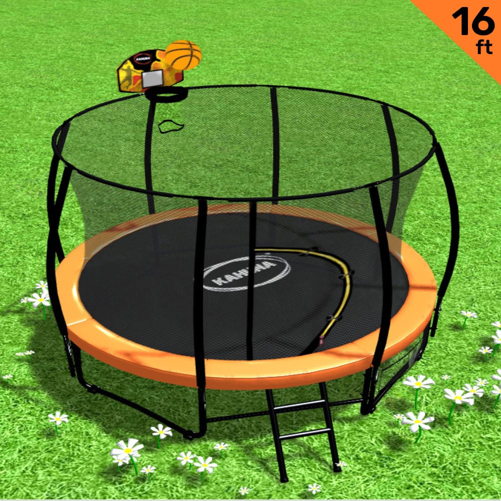 Kahuna 16ft Outdoor Trampoline Kids Children With Safety Enclosure Pad Mat Ladder Basketball Hoop Set - Orange - Sensory Circle